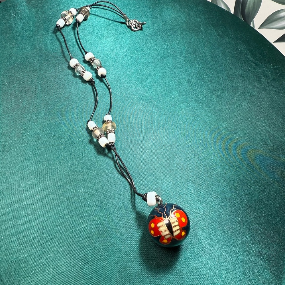 Butterfly Pendant Necklace with Red and Black Beads